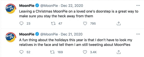 MoonPie tweets, highlighting the brand's funny brand voice.