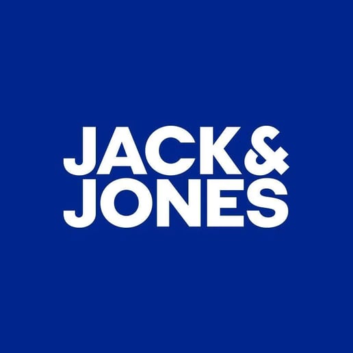 Jack & Jones logo on navy blue background with white stylized typography
