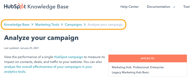 example of hierarchy breadcrumbs from the HubSpot Knowledge Base