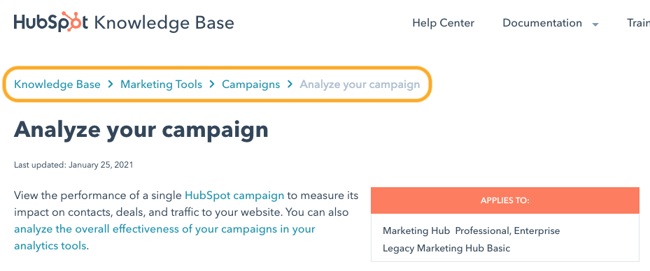 an example of breadcrumb navigation on the hubsot knowledge base website
