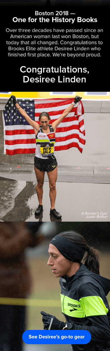 Email marketing campaign on Desiree Linden's 2018 Boston Marathon victory by Brooks Sports