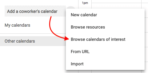 Dropdown menu option to browse calendars of interest