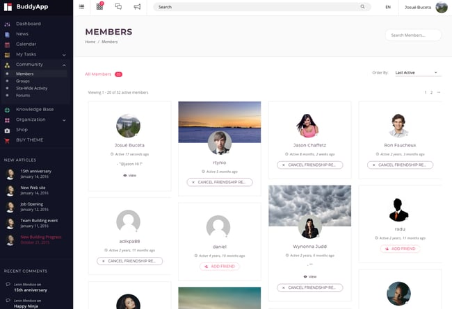 Member section in the BuddyApp WordPress membership theme