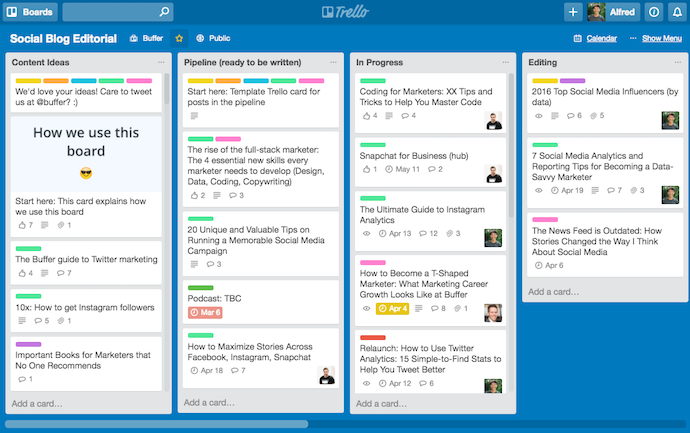 Buffer's editorial calendar on blue Trello board