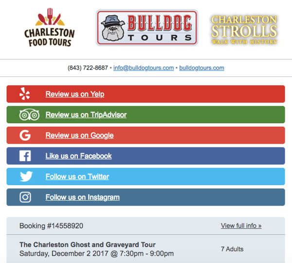 Bulldog Tours Email With Buttons to Request Reviews on Yelp, TripAdvisor, and Google
