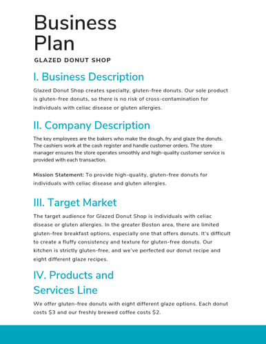 business plan example for glazed donut shop that includes business description, company description, target market, and products and services line