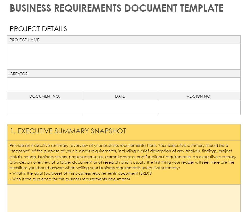 business requirement document resume