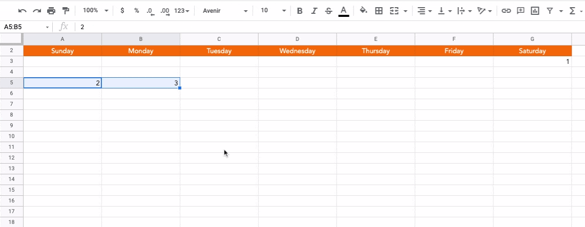 Remplir la rangée suivante de numéros de jour dans un calendrier Google Sheets 