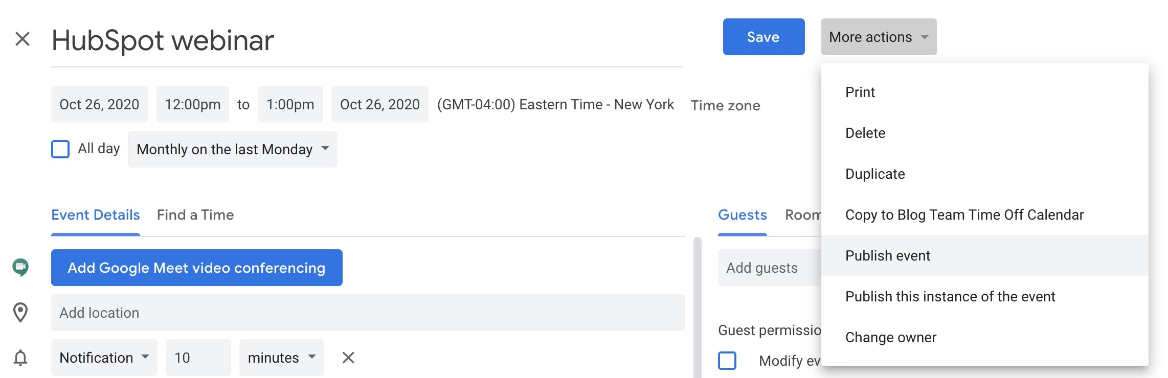 Screenshot from HubSpot webinar (Gmail);  how to send a calendar invitation