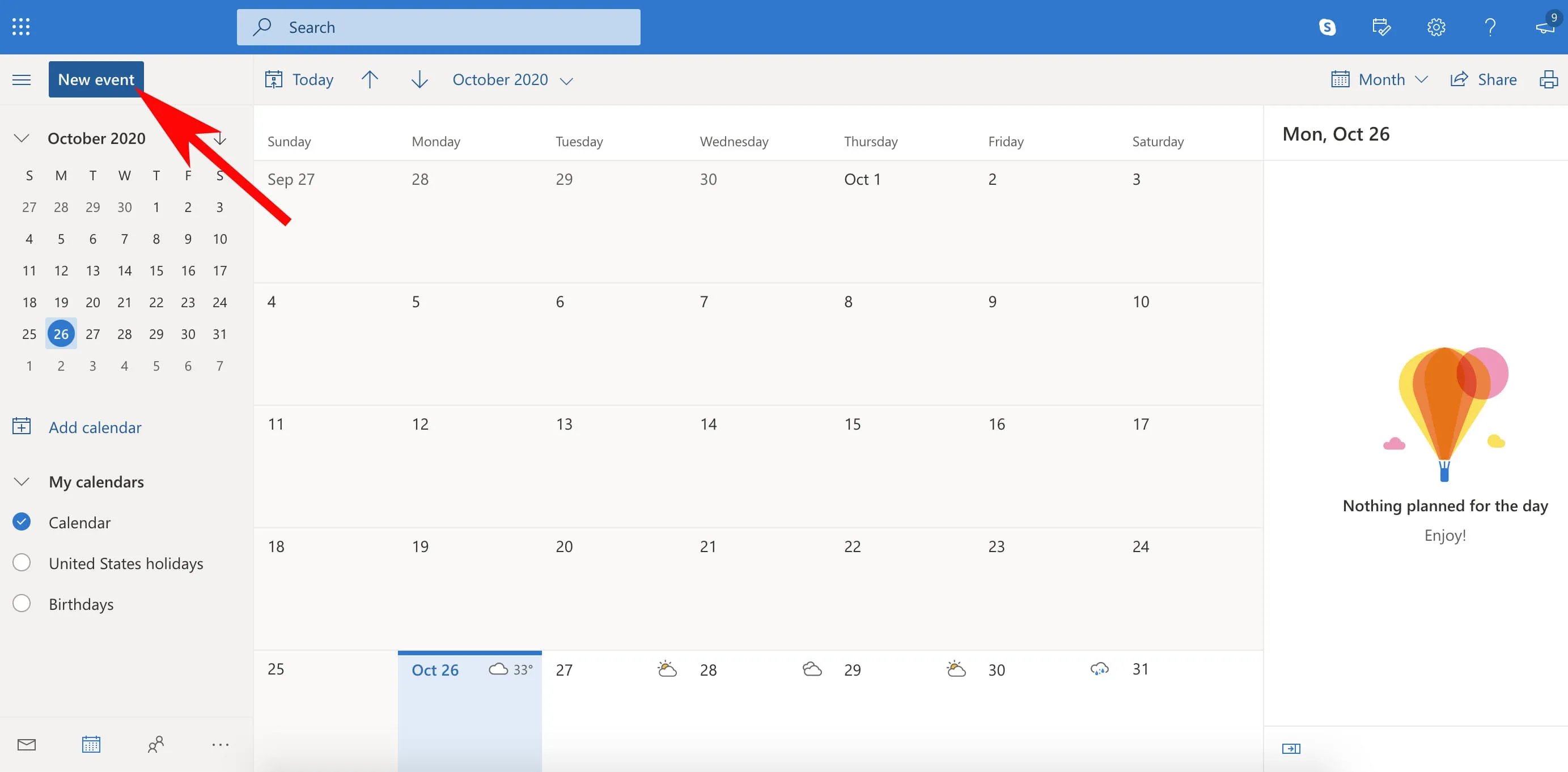 Outlook calendar home page with an arrow pointing to the new event button