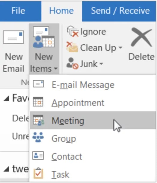 Screenshot of the Meeting tab in Outlook;  how to send a calendar invitation