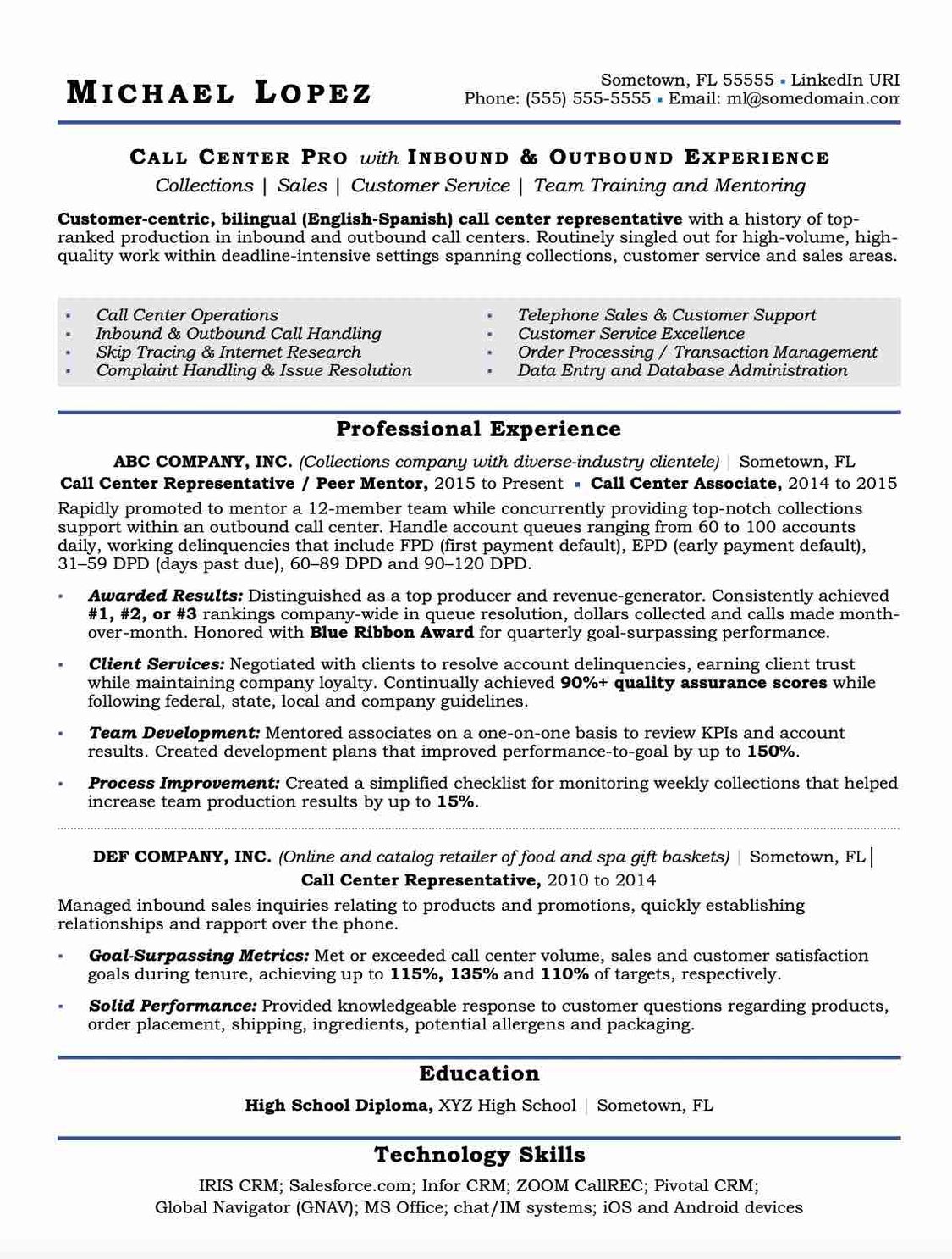 experience in call center sample resume