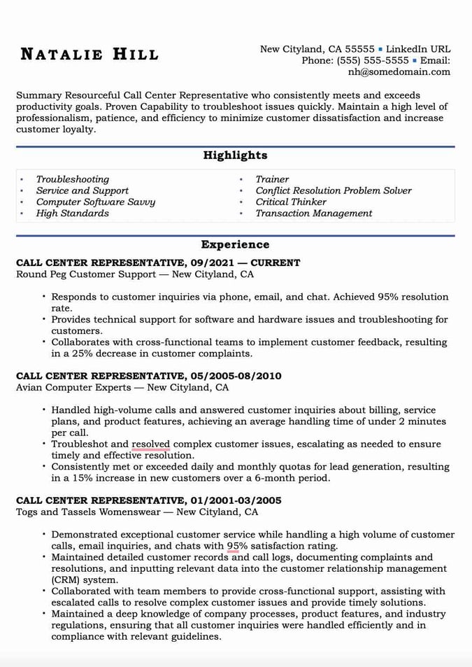 resume for call center with no experience