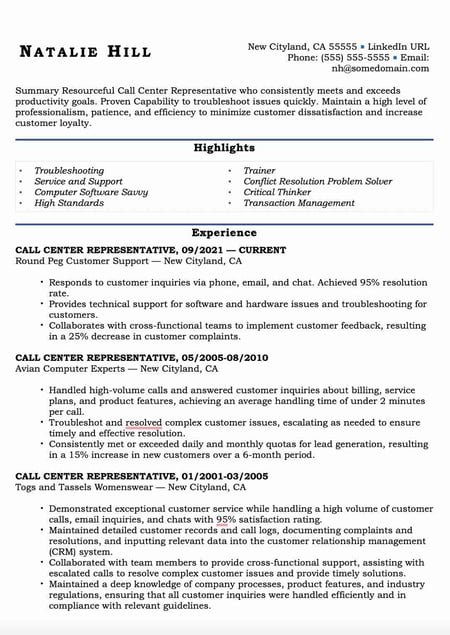 call center resume example: strong highlights