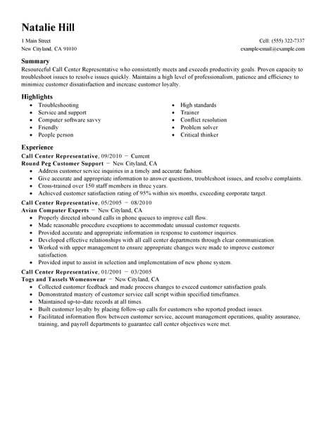 call center resume examples for freshers