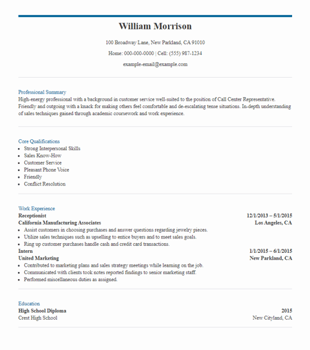 call center resume example: agent with no experience