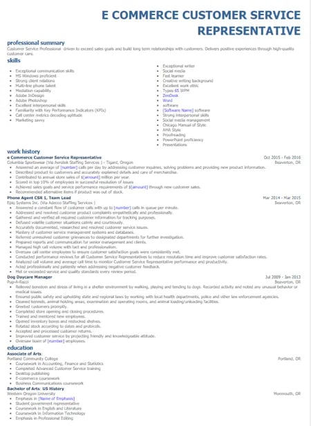 call center resume example: ecommerce customer service rep