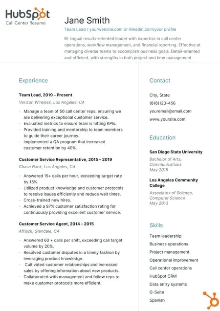 resume sample for job application call center