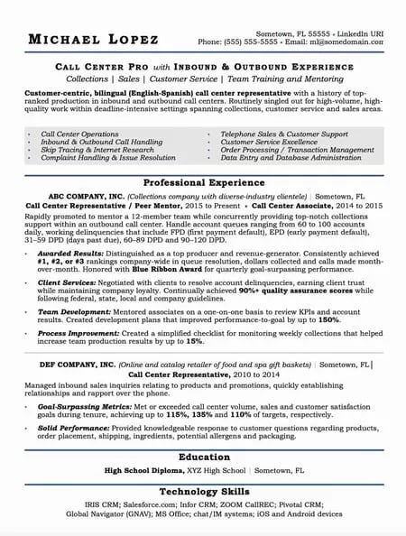 call center resume example: bilingual experience