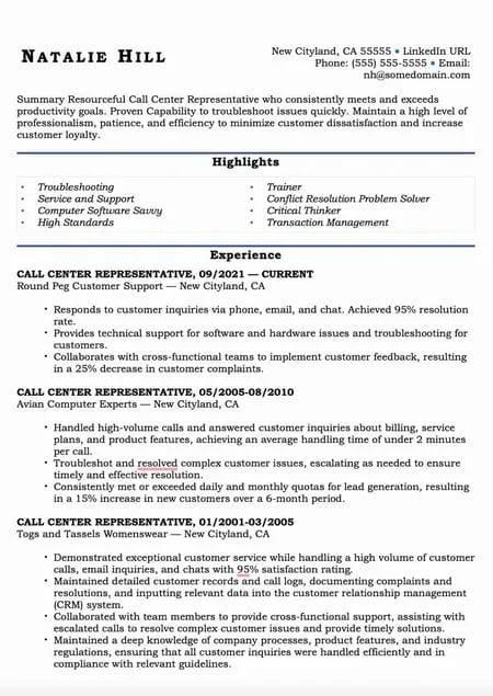 resume for call center beginner