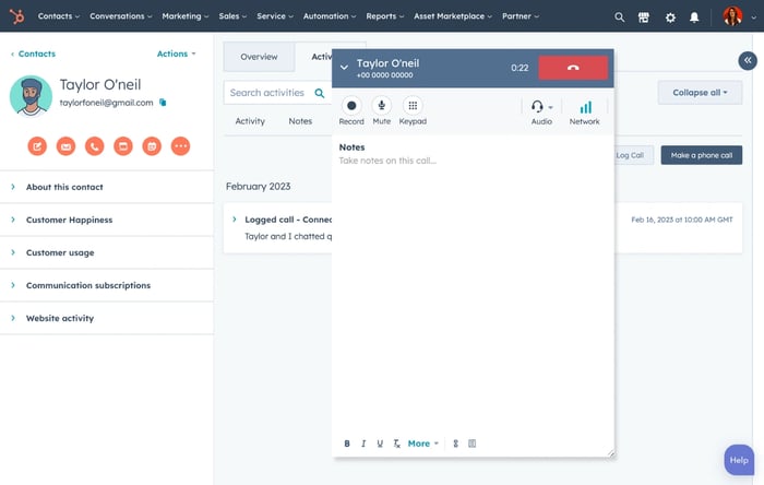 HubSpot software showing click-to-call VoIP