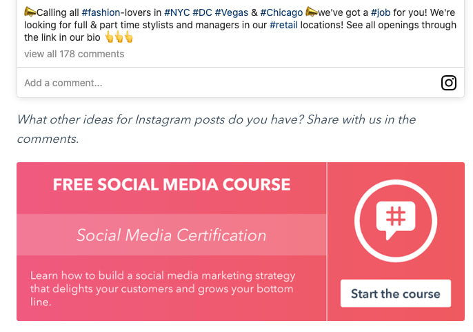 Blog post about Instagram with a CTA at the bottom of the post