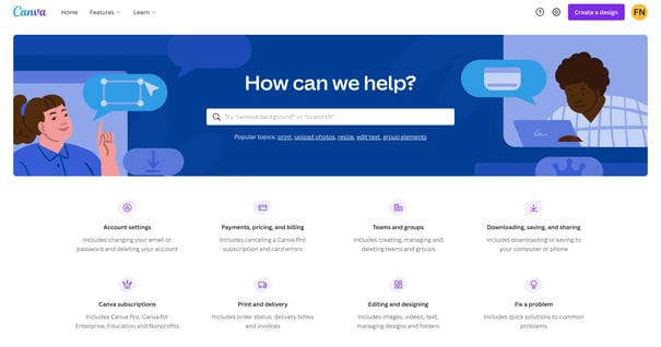 canva's knowlege base home page that features a search bar and links to popular help topics 