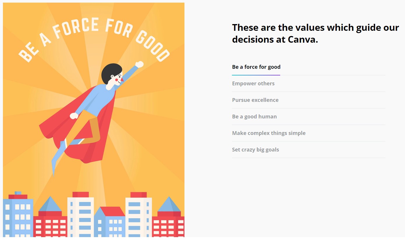 Image of Canva's values on Career page, showing their employer brand