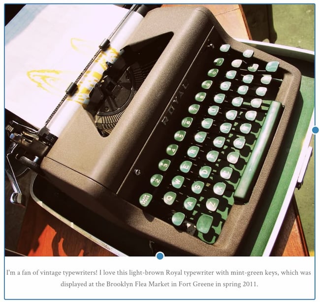 image of typewriter with a caption describing it's a vintage green typewriter