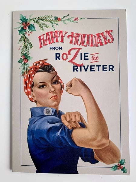 holiday card messages for customers and clients, example from Capzone that reads, “Happy holidays from Rozie the Riveter. We look forward to working with you to invest in and build great things for our communities and country in 2024!”