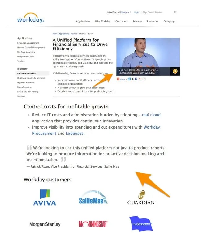 workday's use of testimonial in the top left corner of a product page
