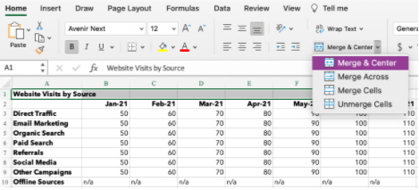 shorcut for merging cells in excel