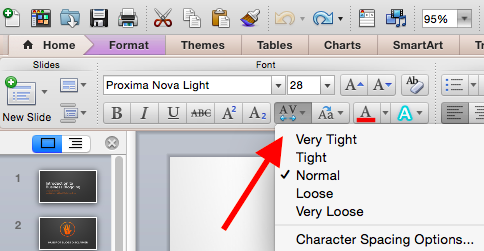 PowerPoint character spacing.
