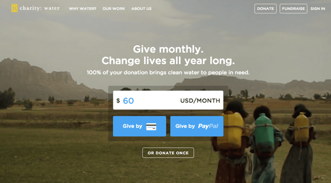 charity: water donation call to action button