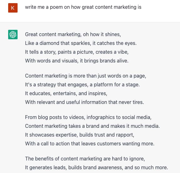 GPT-3 examples; write me a poem about content marketing