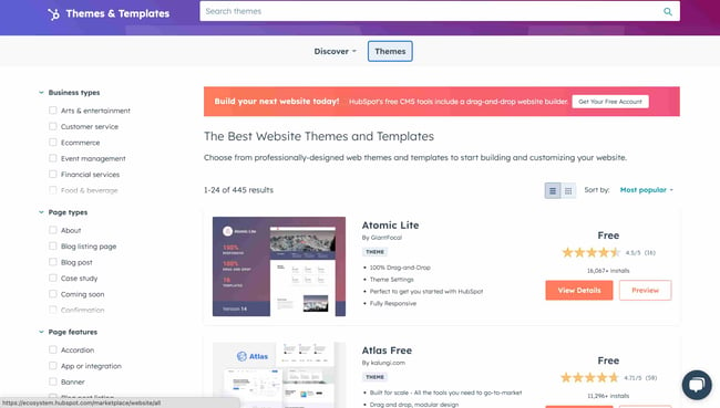 cheap web design tips: image shows hubspot's theme marketplace where there are different options for themes based on type of business, page type, and page feature. 