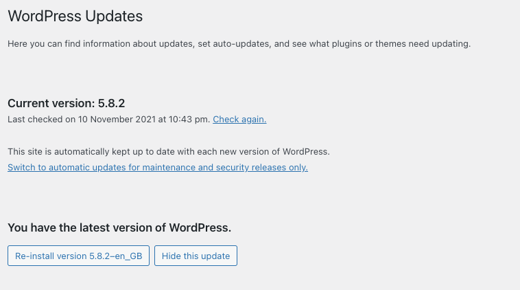 checking wordpress version: updates tab