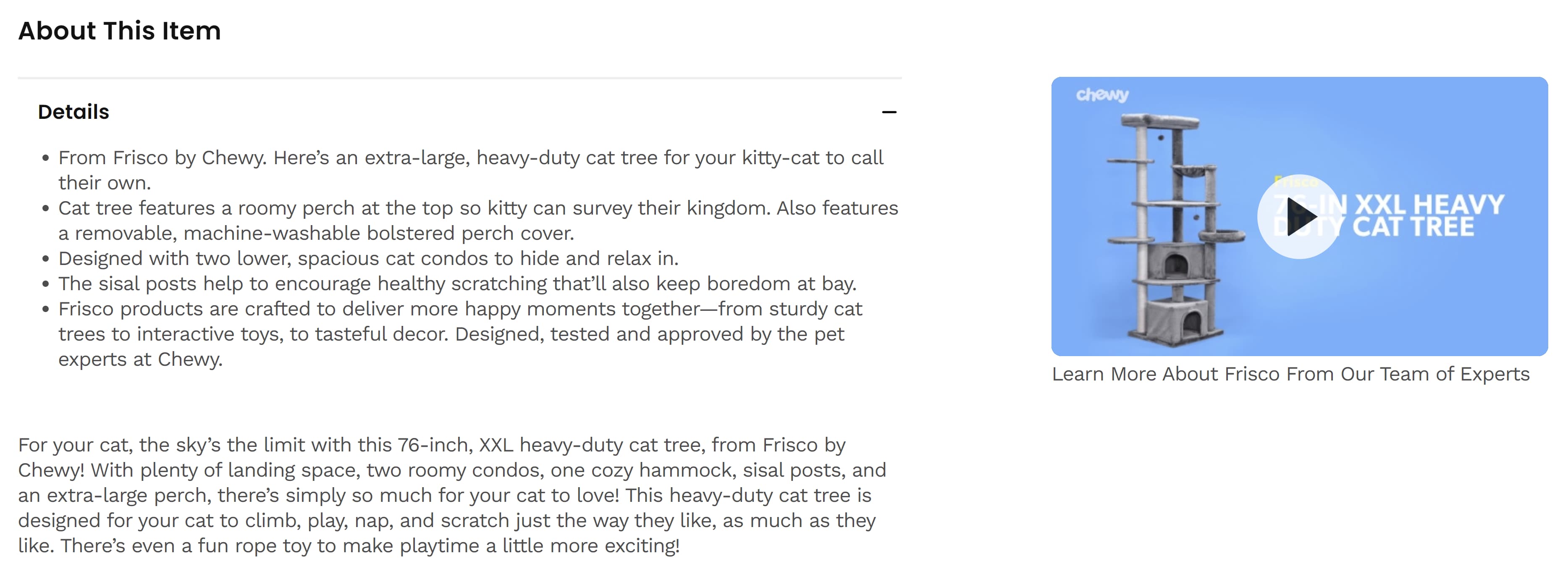 Screenshot of the cat tree's product features.
