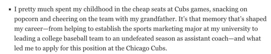 cover letter that explains "why" with a story about a childhood experience with the chicago cubs