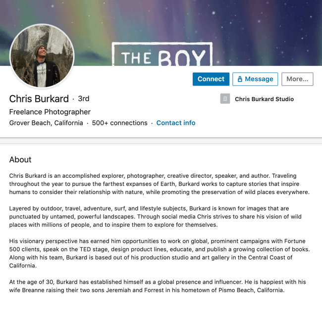 Chris Burkard's professional bio on LinkedIn