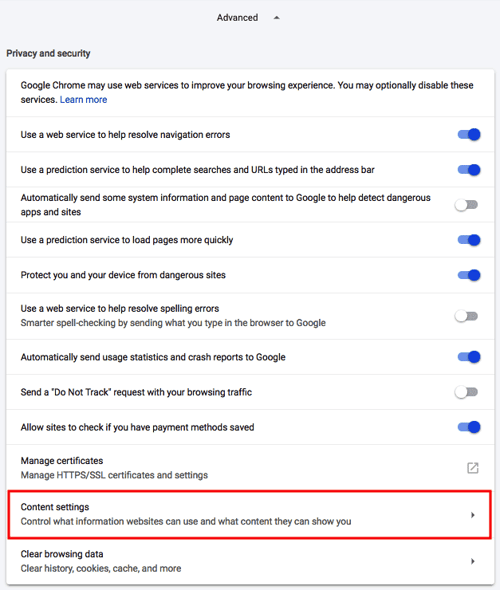 Content settings option inside the list of Advanced settings in Google's Chrome browser