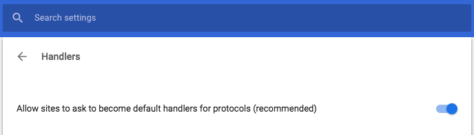 Blue switch allowing Gmail to ask to become default email handler in Chrome 