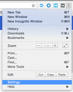 Settings option in dropdown menu of Google's Chrome browser