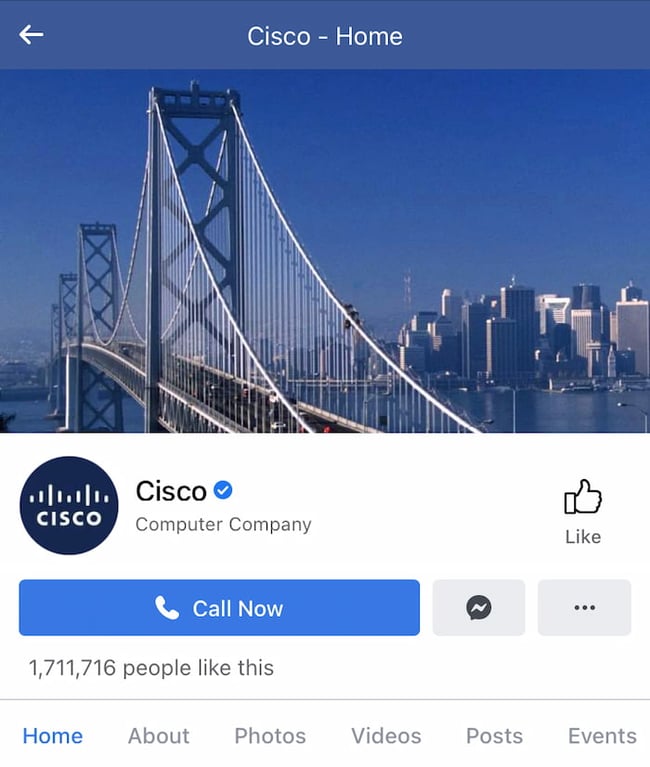 Cisco's Facebook cover on the mobile website