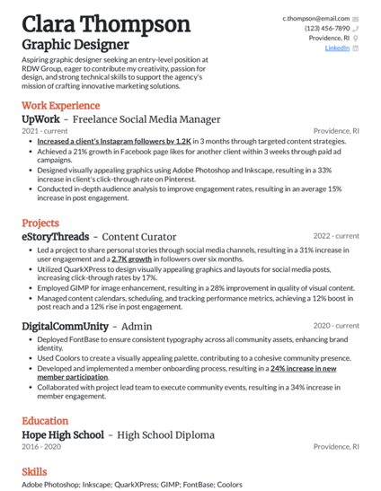 Clara Thompson's resume; graphic design resume examples