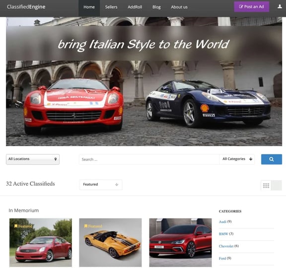 classifiedengine homepage with featured listings demo