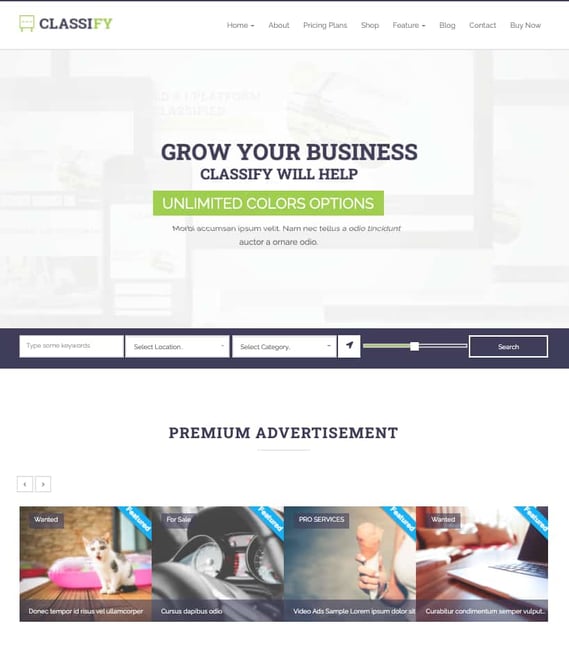 classify demo homepage with location search module and premium footer ad listings