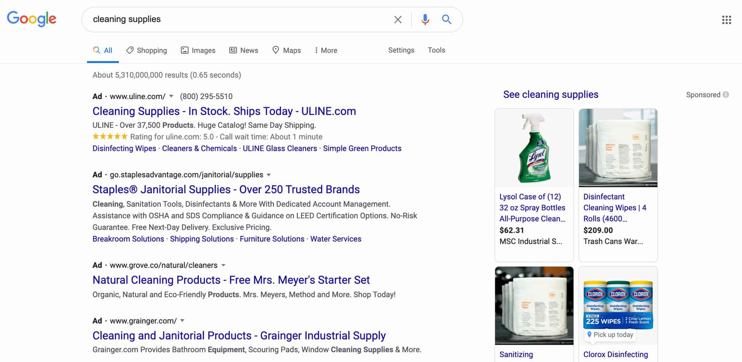 cleaning supplies google ads ppc example