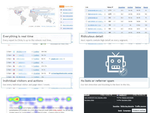 clicky homepage showing features of their analytics software