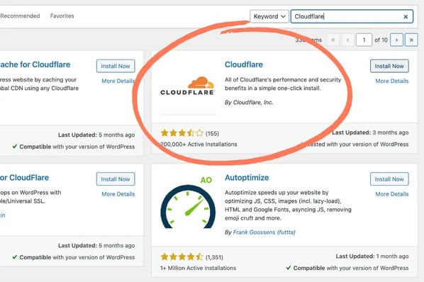 Cloudflare WordPress Plugin: Image shows the plugin directory. Navigate to the button that says install now and click it.